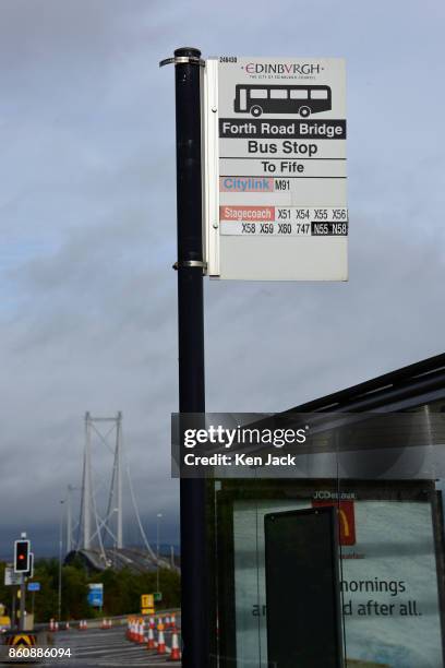 Bus stop at the south end of the old Forth Road Bridge as a phased re-opening to some scheduled bus services begins, on October 13, 2017 in South...