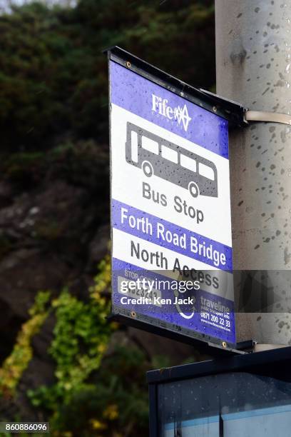 The sign on a bus stop at the north end of the old Forth Road Bridge as a phased re-opening to some scheduled bus services begins, on October 13,...