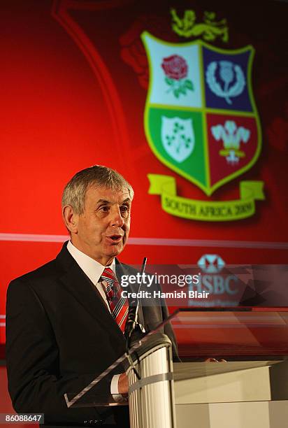 Team coach Ian McGeechan speaks during the press conference to announce the British & Irish Lions squad and captain for the upcoming tour of South...