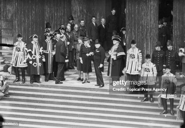 British Prime Minister, Winston Churchill with his wife Clementine and daughter Mary, arriving at a thanksgiving service at St Paul's Cathedral, held...