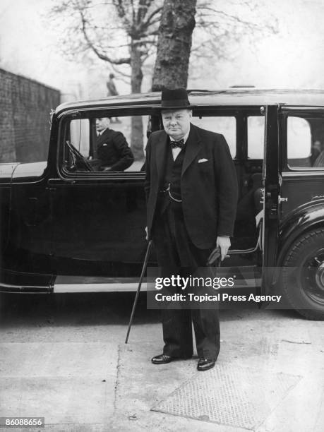 British First Lord of the Admiralty Winston Churchill (1874 - 1965, on his way to a meeting with British Prime Minister Neville Chamberlain, May 1940.