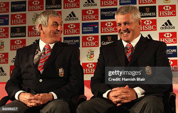 Team coach Ian McGeechan laughs with forward coach Warren Gatland during the press conference to announce the British & Irish Lions squad and captain...