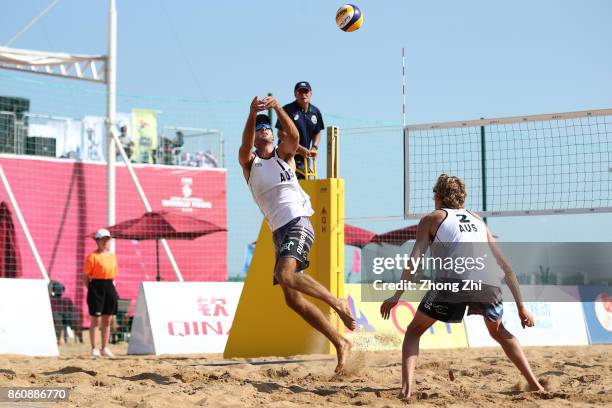 Cole Durant and Zachery Schubert of Australia in action during the match against Dries Koekelkoren and Tom van Walle of Belgium on Day 3 of 2017 FIVB...