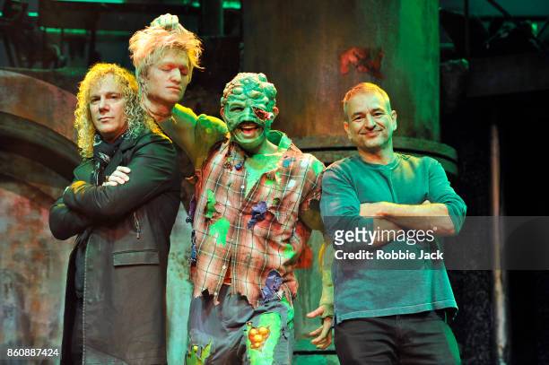 Writers David Bryan and Joe Di Pietro with Mark Anderson as Toxie at the Arts Theatre for the production The Toxic Avenger on October 2, 2017 in...