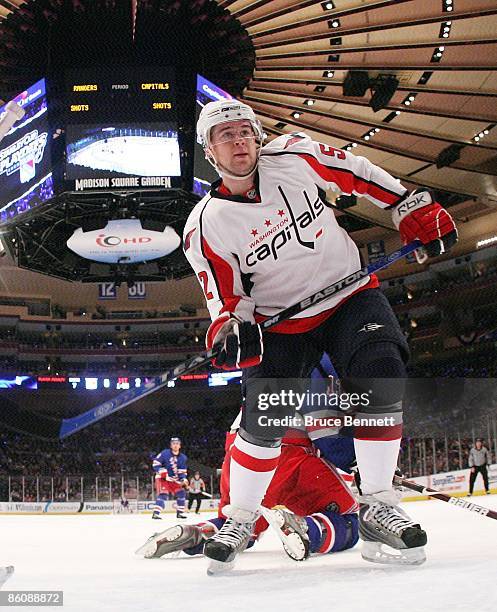 Mike Green of the Washington Capitals skates against the New York Rangers during Game Three of the Eastern Conference Quarterfinal Round of the 2009...