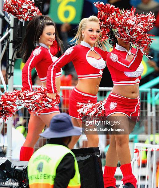 Cheerleaders perform during the IPL T20 match between Kings XI Punjab v Kolkata Knight Riders at Sahara Park on April 21, 2009 in Durban, South...