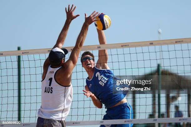 Tom van Walle of Belgium in action with Dries Koekelkoren of Belgium during the match against Cole Durant and Zachery Schubert of Australia on Day 3...