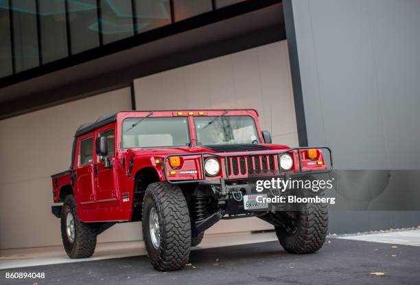 Modified electric Hummer H1 sport utility vehicle stands on display at the Kreisel Electric GmbH research center and battery assembly plant in...