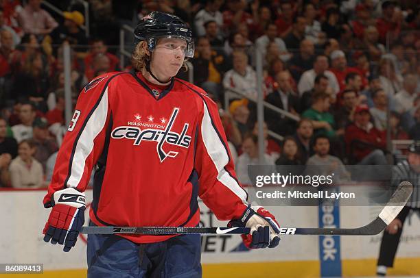 Niklas Backstrom of the Washington Capitals looks on during a NHL hockey game against the Buffalo Sabres on April 3, 2009 at the Verizon Center in...