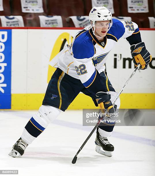 Brad Boyes of the St. Louis Blues skates up ice with the puck during Game One of the Western Conference Quarterfinals of the 2009 Stanley Cup...