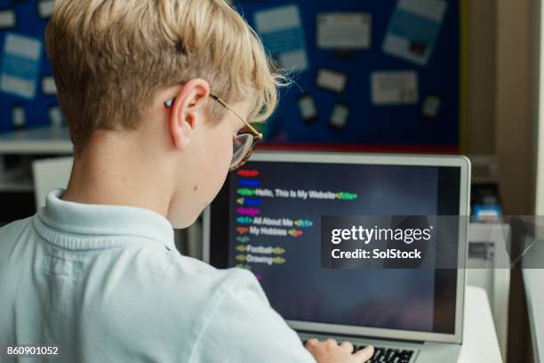 männliche schüler lernen codierung in der schule - schüler von hinten im klassenzimmer stock-fotos und bilder