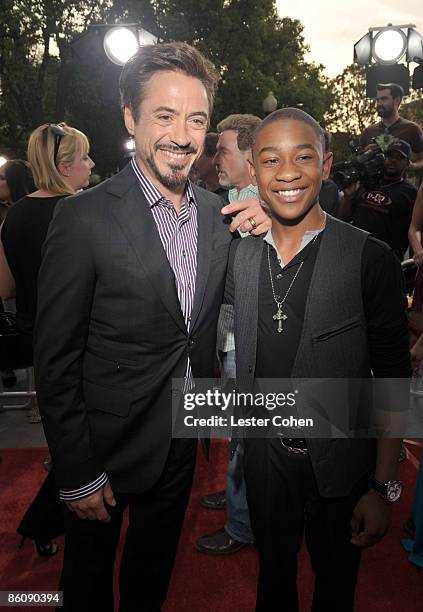 Actors Robert Downey Jr. And Justin Martin arrive on the red carpet of "The Soloist" premiere at the Paramount Theatre on April 20, 2009 in...