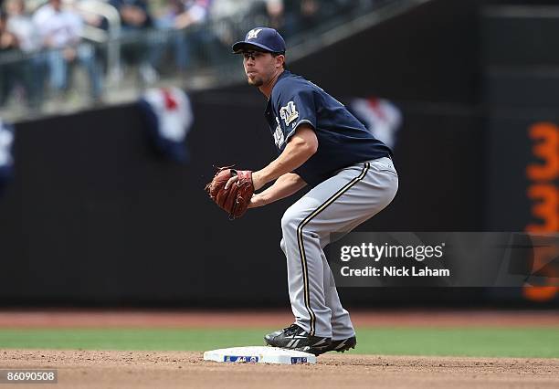 Hardy of the Milwaukee Brewers in the field against the New York Mets at Citi Field on April 19, 2009 in the Flushing neighborhood of the Queens...