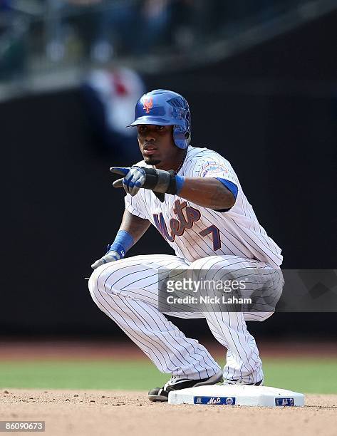 Jose Reyes of the New York Mets gestures while running the bases against the Milwaukee Brewers at Citi Field on April 19, 2009 in the Flushing...