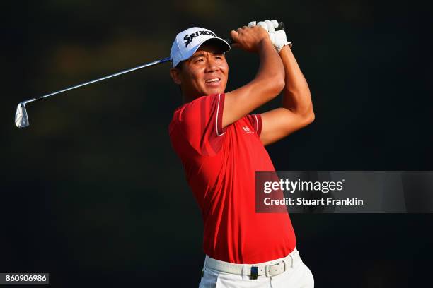 Ashun Wu of China plays a shot during day two of the Italian Open at Golf Club Milano - Parco Reale di Monza on October 13, 2017 in Monza, Italy.