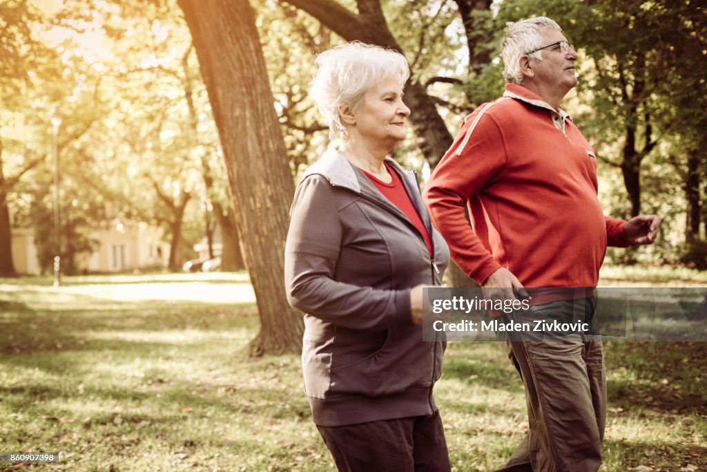 Cheerful seniors couple exercising in park.