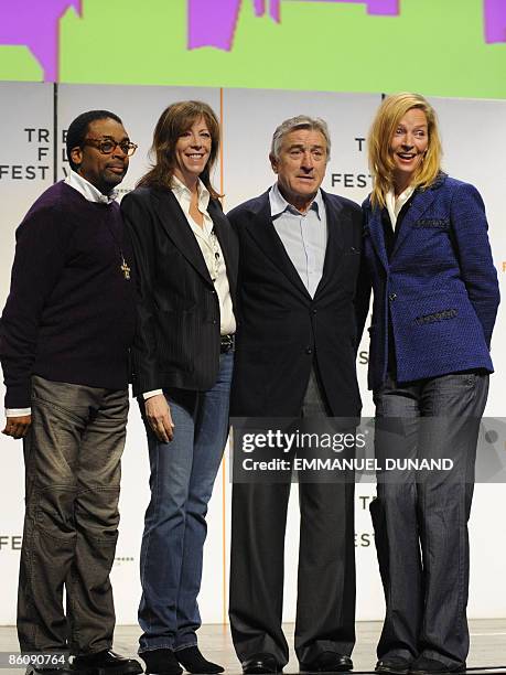 Film director Spike Lee, Tribeca Film Festival co-founder Jane Rosenthal actor Robert De Niro and actress Uma Thurman pose for a photo, during a...