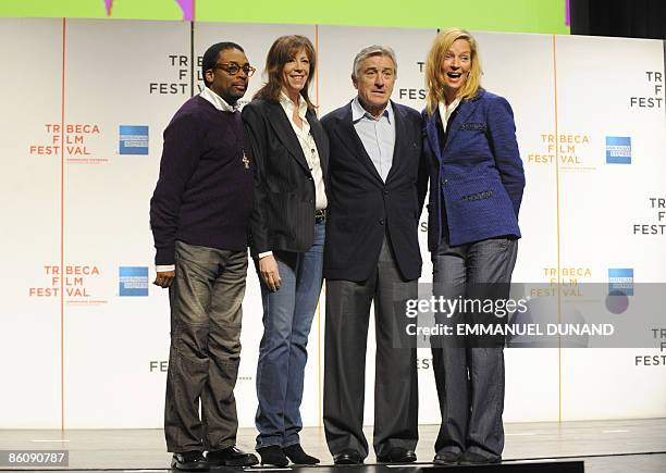 Film director Spike Lee, Tribeca Film Festival co-founder Jane Rosenthal actor Robert De Niro and actress Uma Thurman pose for a photo, during a...