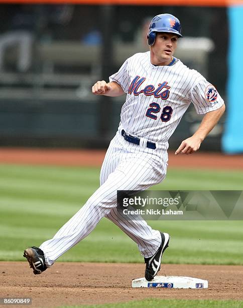 Daniel Murphy of the New York Mets runs the bases against the Milwaukee Brewers at Citi Field on April 19, 2009 in the Flushing neighborhood of the...