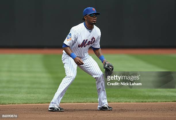 Jose Reyes of the New York Mets in the field against the Milwaukee Brewers at Citi Field on April 19, 2009 in the Flushing neighborhood of the Queens...
