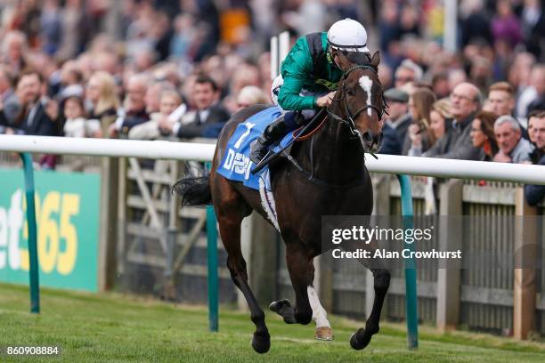 Harry Bentley riding Limato win The Godolphin Stud And Stable Staff Awards Challenge Stakes at Newmarket racecourse on October 13, 2017 in Newmarket,...