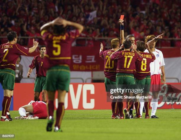 Joao Pinto of Portugal is sent off during the FIFA World Cup Finals 2002 Group D match between Portugal and South Korea played at the Incheon Munhak...
