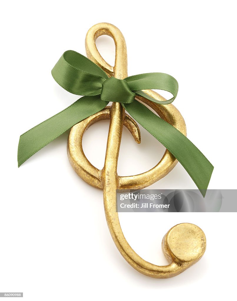 Gold Treble Clef Christmas Ornament with Green Bow