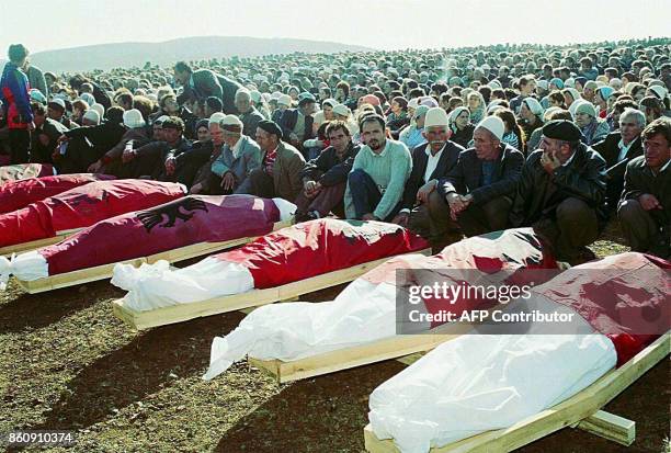Some 30.000 ethnic Albanians attend the funeral of ten fellowmen in Srbica, 03 March, who were killed during clashes over the weekend with Serbian...