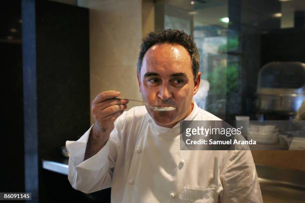 Spanish cook Ferran Adria taste a sauce in his restaurant "El Bulli" on June 16, 2007 in Roses, Spain. El Bulli restaurant has been scored as the...