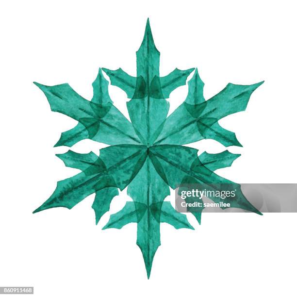 stockillustraties, clipart, cartoons en iconen met aquarel groene snowflake met holly bladeren - ijskristal