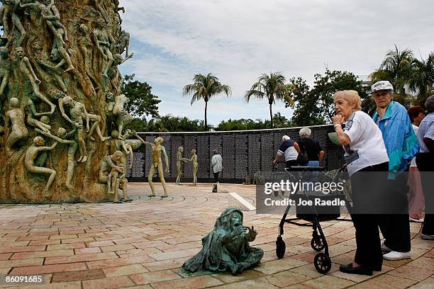 Rose Polay and Estelle Steppler visit the Holocaust Memorial during Yom HaShoah-Holocaust Remembrance Day on April 21, 2009 in Miami Beach, Florida....