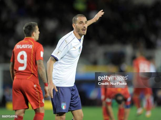 Leonardo Bonucci of Italy player and Aleksandar Trajkovski of Macedonia player during the match valid for the Qualifying Round of Fifa World Cup...