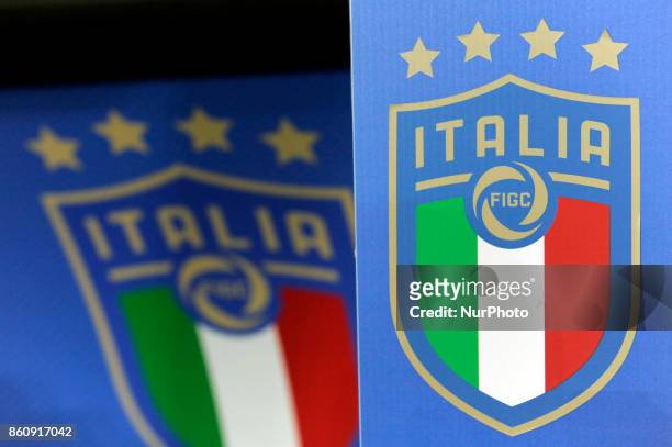 New logo Italia - FIGC on the bench before the match valid for the Qualifying Round of Fifa World Cup Russia 2018 between Italy - Macedonia at...