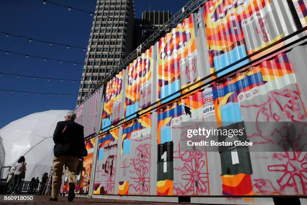 X 18' animated mural, known as "GIF-ITI" by featured artist INSA, is being painted on a container during HUBweek at City Hall Plaza in Boston on Oct....