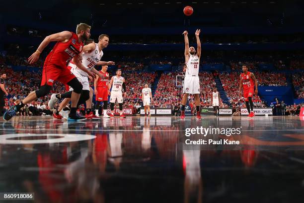 Rhys Martin of the Hawks shoots a free throw during the round two NBL match between the Perth Wildcats and the Illawarra Hawks at Perth Arena on...