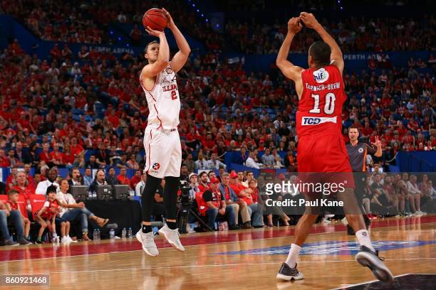 Tim Coenraad of the Hawks puts up a shot during the round two NBL match between the Perth Wildcats and the Illawarra Hawks at Perth Arena on October...