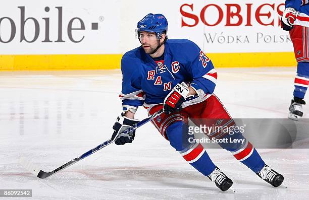 Chris Drury of the New York Rangers skates against the Washington Capitals during Game Three of the Eastern Conference Quarterfinal Round of the 2009...
