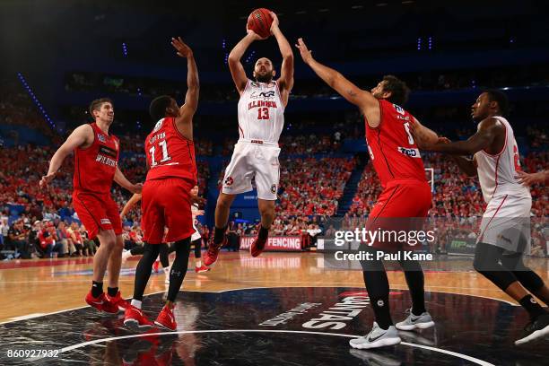 Rhys Martin of the Hawks puts a shot up during the round two NBL match between the Perth Wildcats and the Illawarra Hawks at Perth Arena on October...