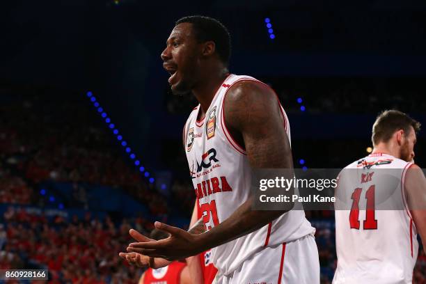 Delvon Johnson of the Hawks questions a referee during the round two NBL match between the Perth Wildcats and the Illawarra Hawks at Perth Arena on...