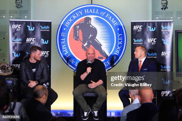 Dana White speaks to the media during the UFC 217 press conference with Michael Bisping and Georges St-Pierre at the Hockey Hall of Fame on October...