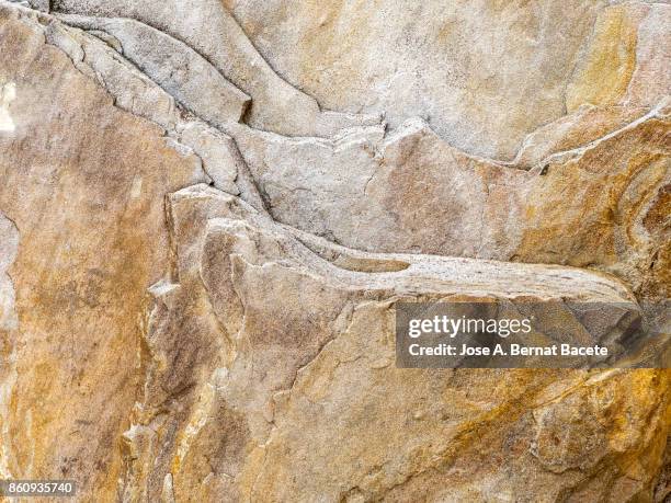 complete setting of the textures of the face of a smooth rock with stratum outdoors. spain - stone wall texture 個照片及圖片檔