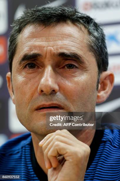 Barcelona's Spanish coach Ernesto Valverde pauses as he speaks during a press conference at the FC Barcelona's Joan Gamper sports center in Sant Joan...