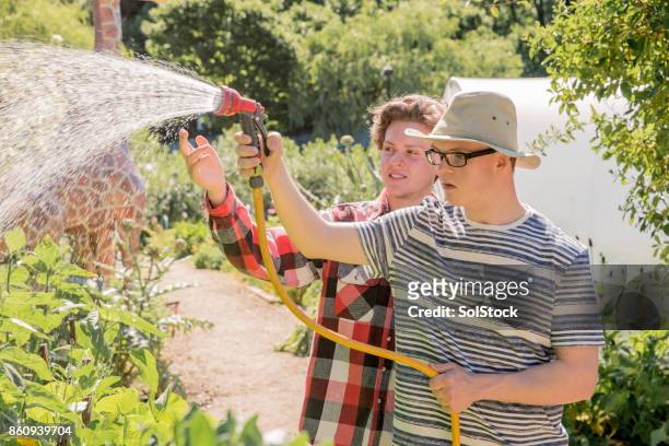 watering the plants - down syndrome care stock pictures, royalty-free photos & images