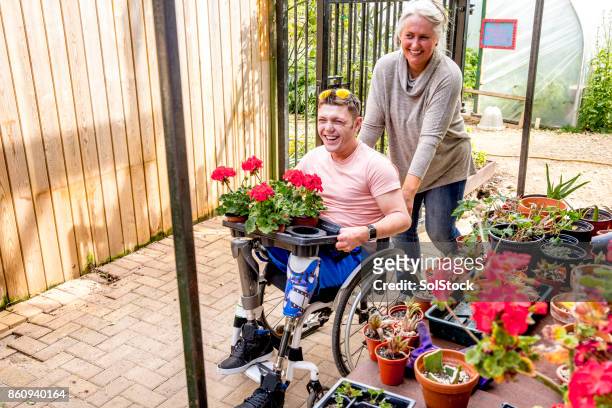 man carrying flowerpots - wheelchair happy stock pictures, royalty-free photos & images