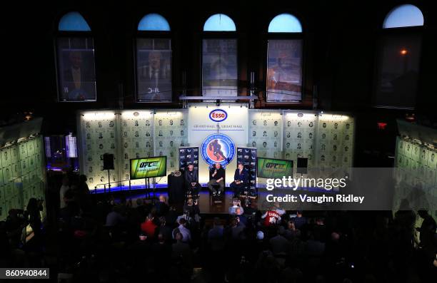 General view of the UFC 217 press conference with Michael Bisping, Dana White and Georges St-Pierre at the Hockey Hall of Fame on October 13, 2017 in...