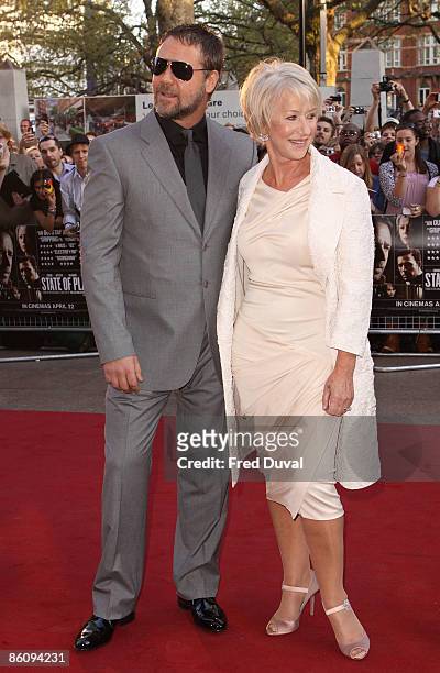 Russell Crowe and Dame Helen Mirren attend the World Premiere of 'State Of Play' at The Empire Cinema, Leicester Square on April 21, 2009 in London.