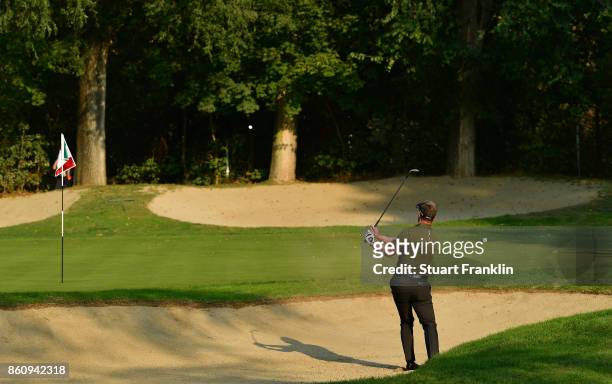 Luke Donald of England plays a shot during the second round of The Italian Open at Golf Club Milano - Parco Reale di Monza on October 13, 2017 in...