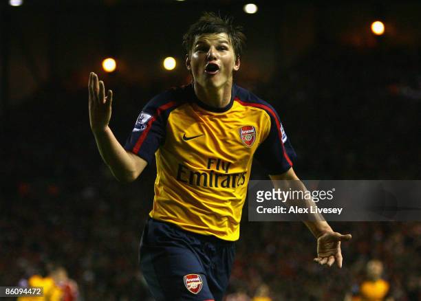 Andrey Arshavin of Arsenal celebrates scoring his team's fourth goal during the Barclays Premier League match between Liverpool and Arsenal at...