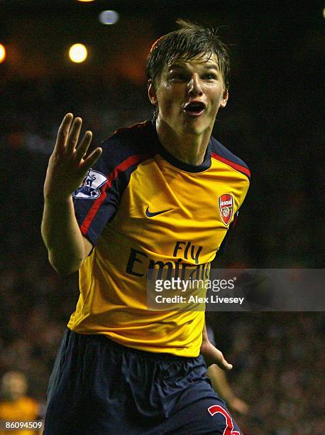 Andrey Arshavin of Arsenal celebrates scoring his team's and his fourth goal during the Barclays Premier League match between Liverpool and Arsenal...