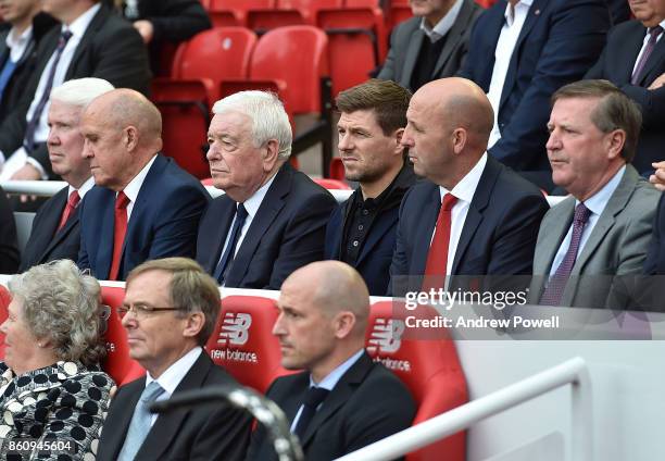 Chris Lawler, Phil Neal, Ian Callaghan, Steven Gerrard, Gary Mcallister and Ronnie Whelan during the Kenny Dalglish Stand unveiling on October 13,...